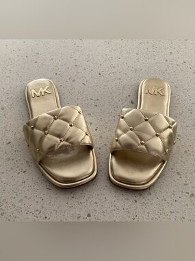 Michael Kors Metallic Gold Quilted Slide Sandals with Studs